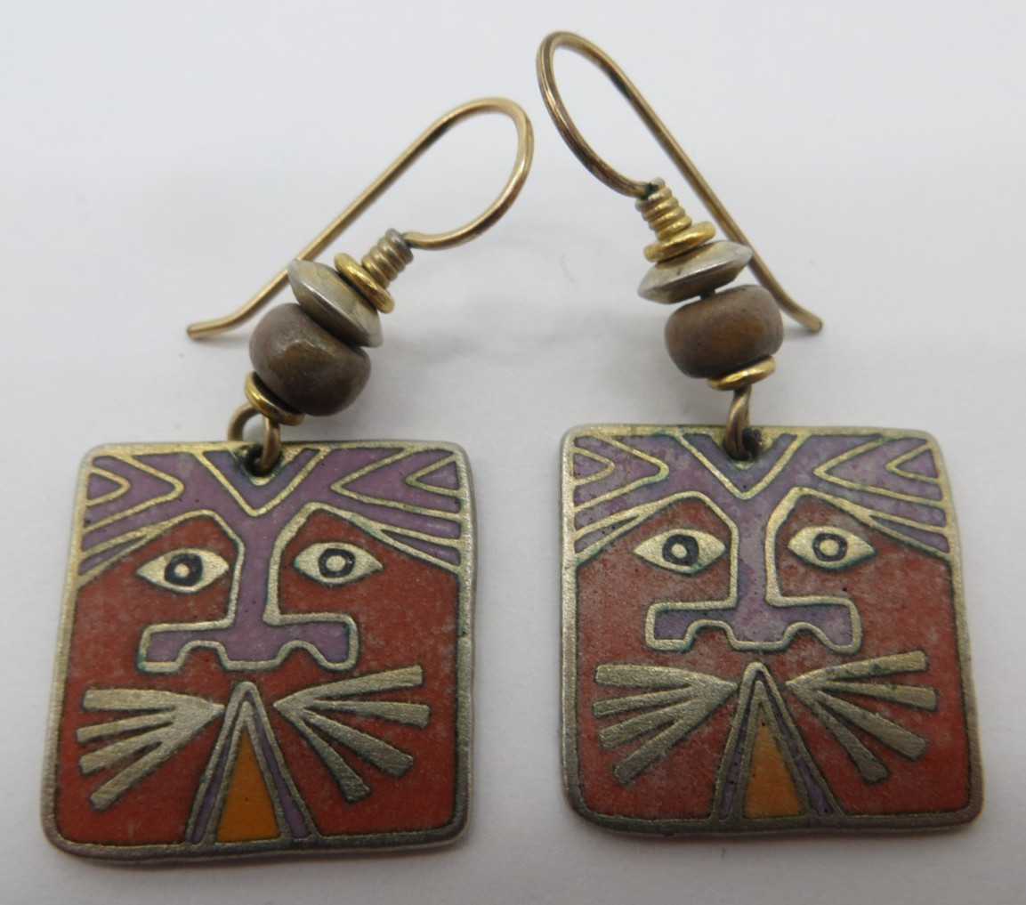 Vintage Laurel Burch Earrings AINU Cat Spirit Face vtg enamel