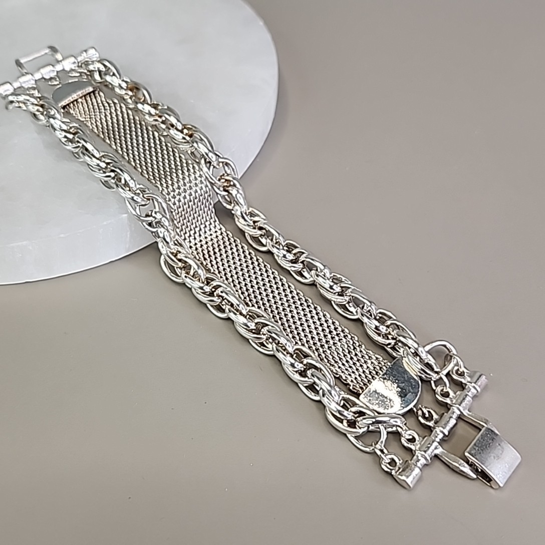Vintage Mesh Chain Bracelet Silver Tone Layered 6.5″