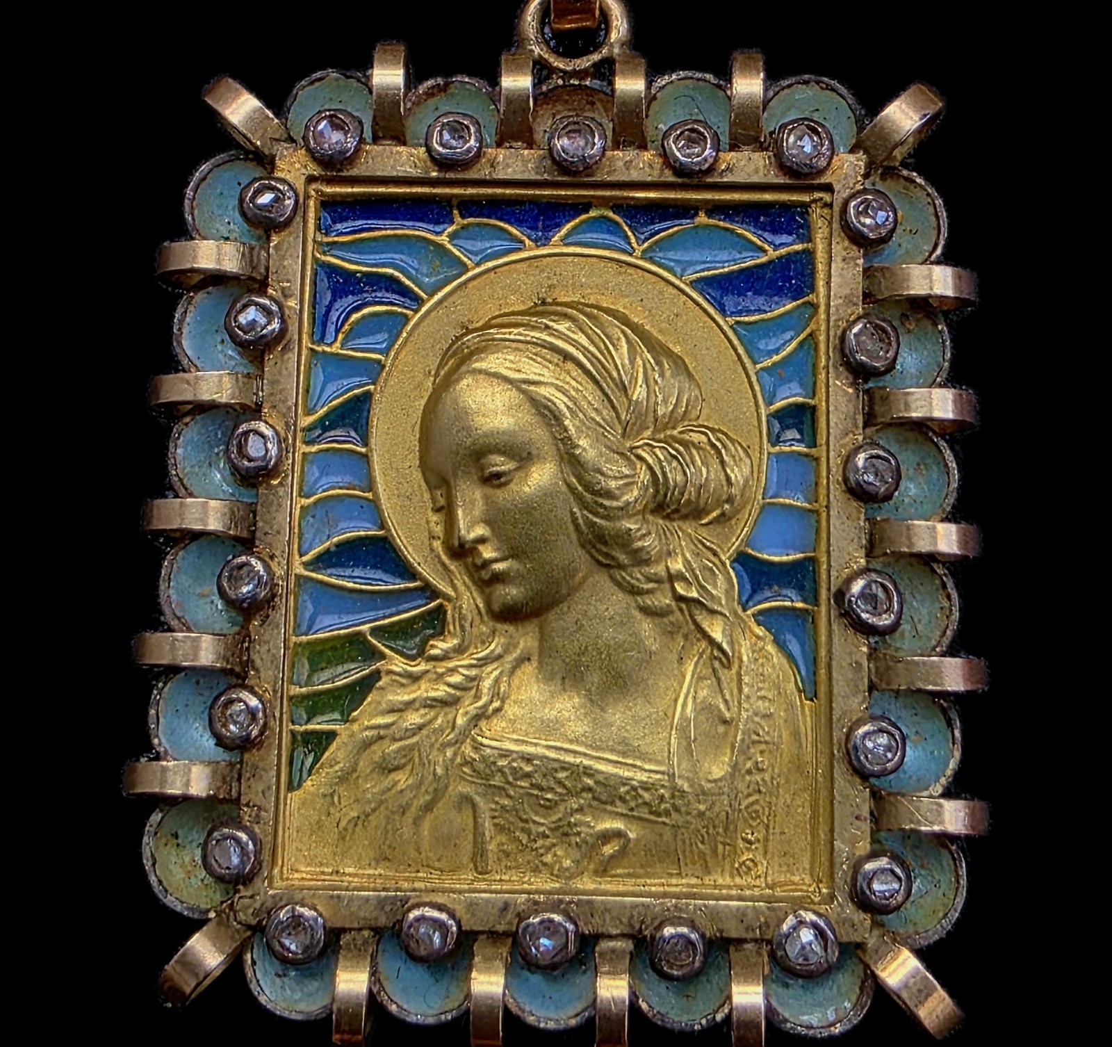 Fine Antique Art Deco 18K Gold Plique a Jour Virgin Mary Pendant Brooch C 1930
