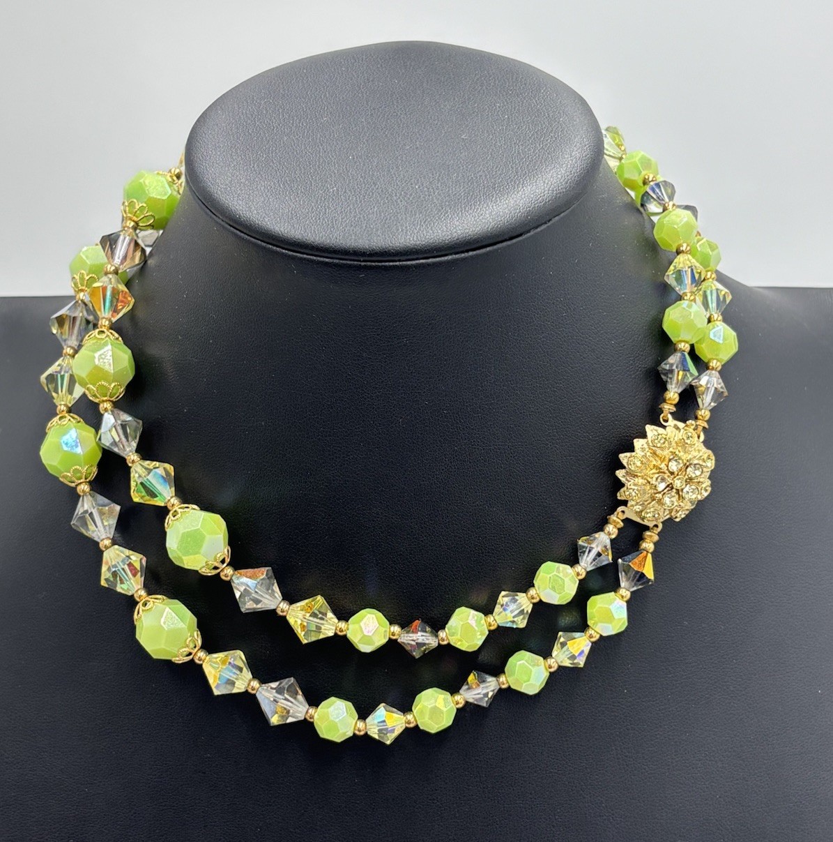 Vintage Lucite Lime Neon Green Beaded Double Strand Necklace 15″
