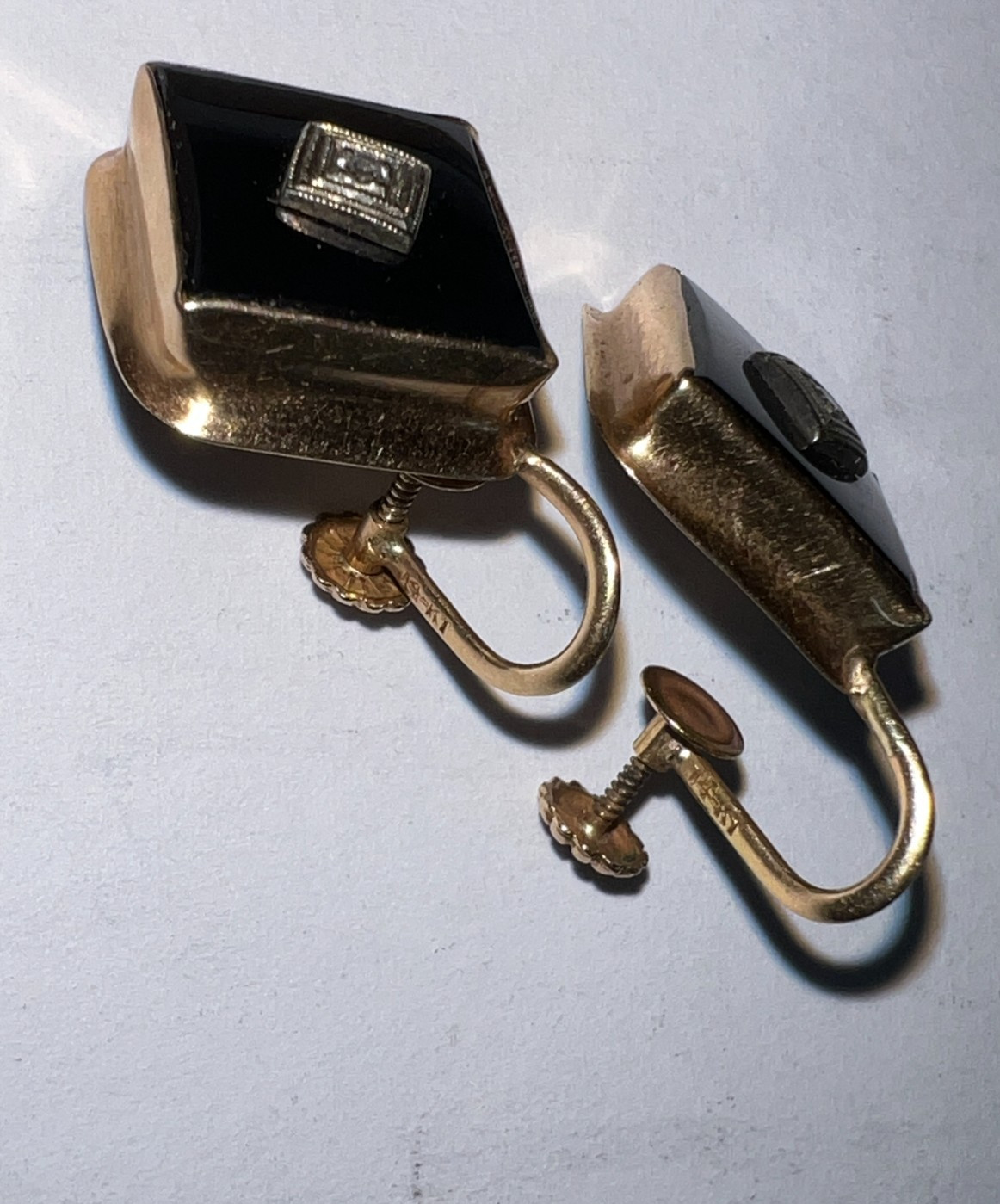 Vintage 14K Gold Diamond Black Onyx Earrings Screw Back