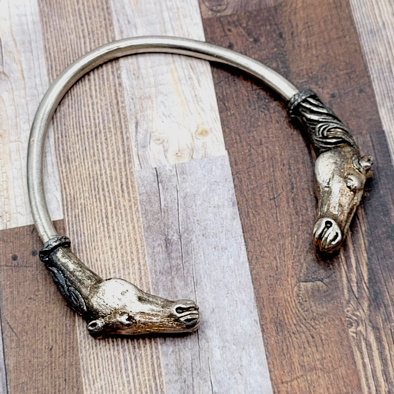 Double Horse Head Pewter Plated Copper w Patina Vintage 70s Torque Cuff Bracelet
