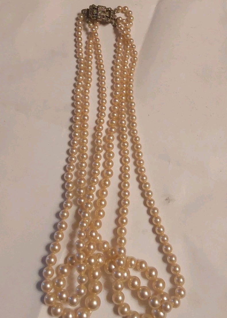 Vtg Glass Ladies Pearl 15″ Hand Knotted 3 Strand Graduated Necklace 925 Clasp