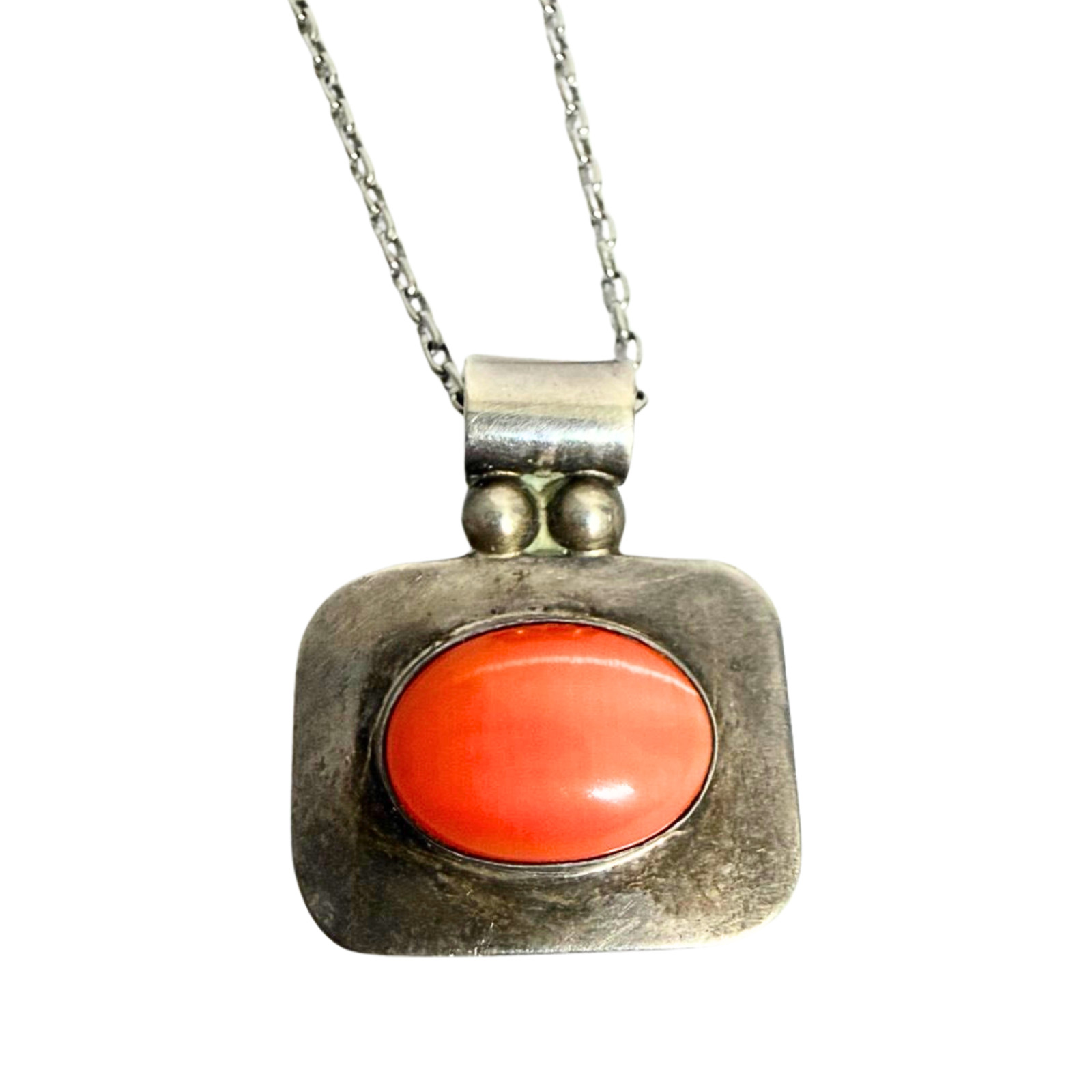Vintage ATI Mexico 925 Sterling Silver Coral Cabochon Pendant Necklace Signed