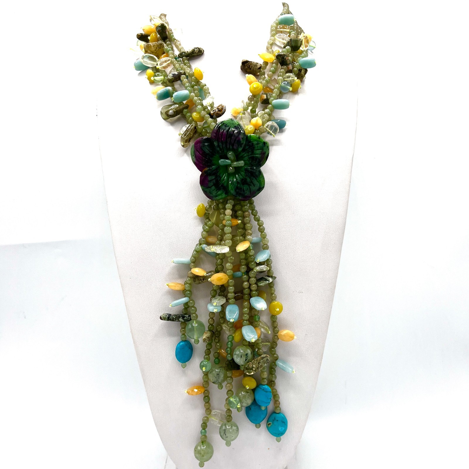 Green and Purple Beaded Flower Lariat Necklace – Mineral & Glass Bib Statement