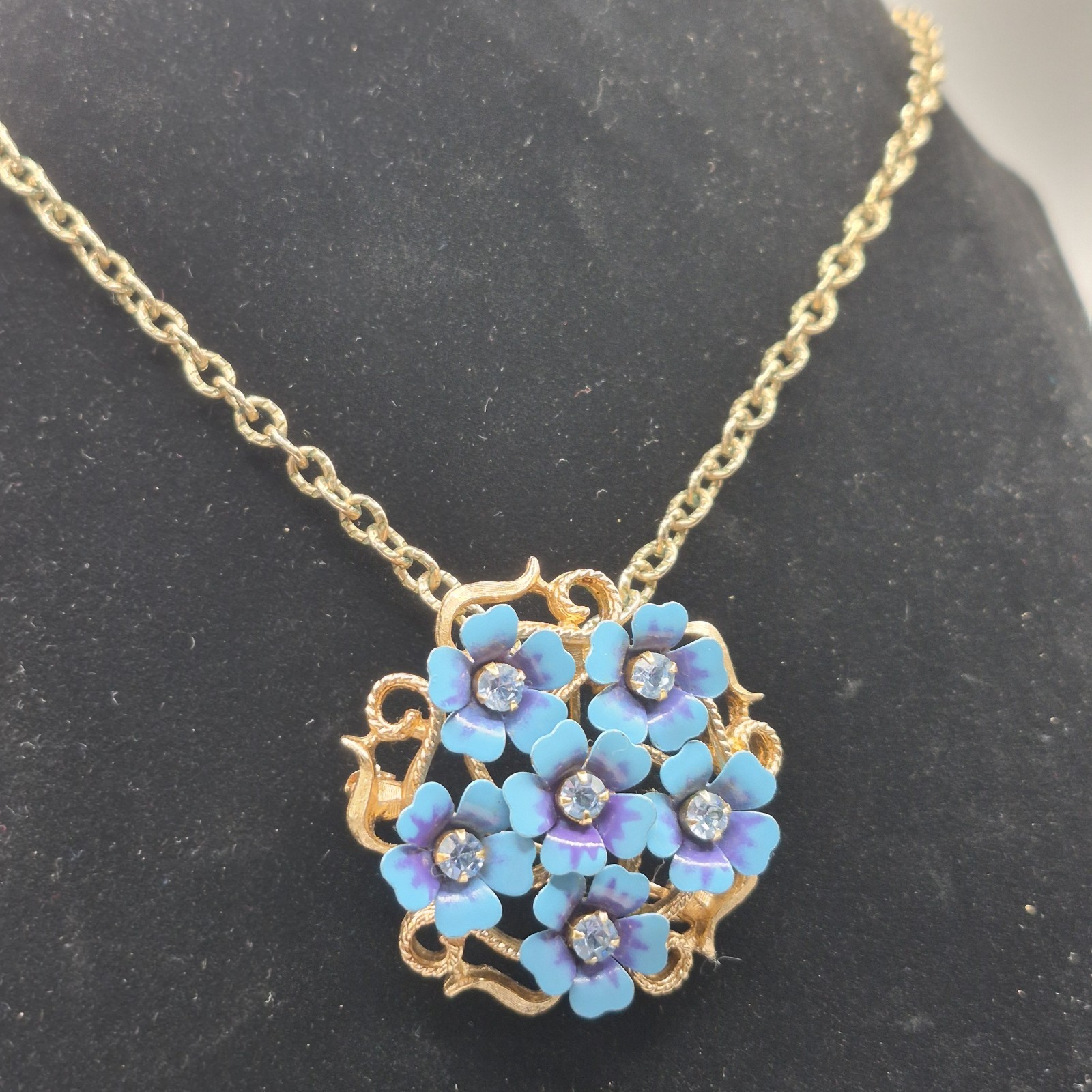 Vtg “Love Blossoms” Pendant/Brooch Rhinestone Convertible Purple Enamel Flowers
