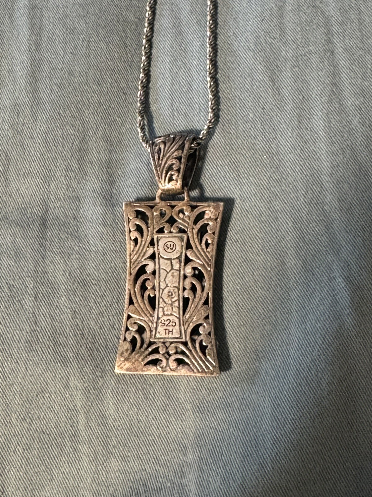 Art Nouveau Necklace 925 Sterling VTG 3/4 In Bale 17.5 In Drop 1.5 In Pendant