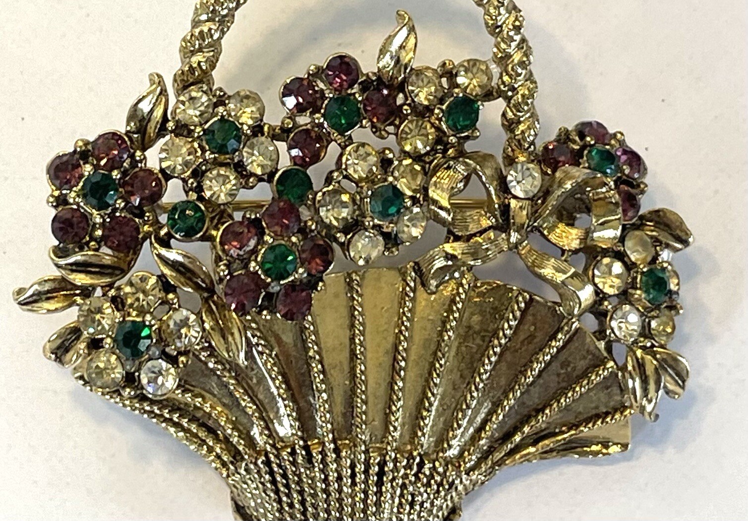 Vintage Gem-Craft Signed Flowers On Basket Brooch Green White Purple Rhinestones
