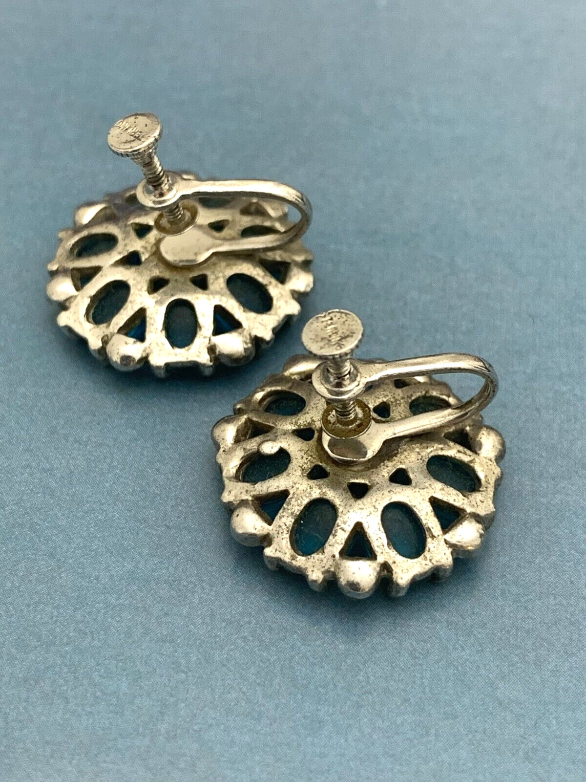 Vintage Sterling Silver 925 Earrings Gripoix Blue Glass Cabochons Screw Back