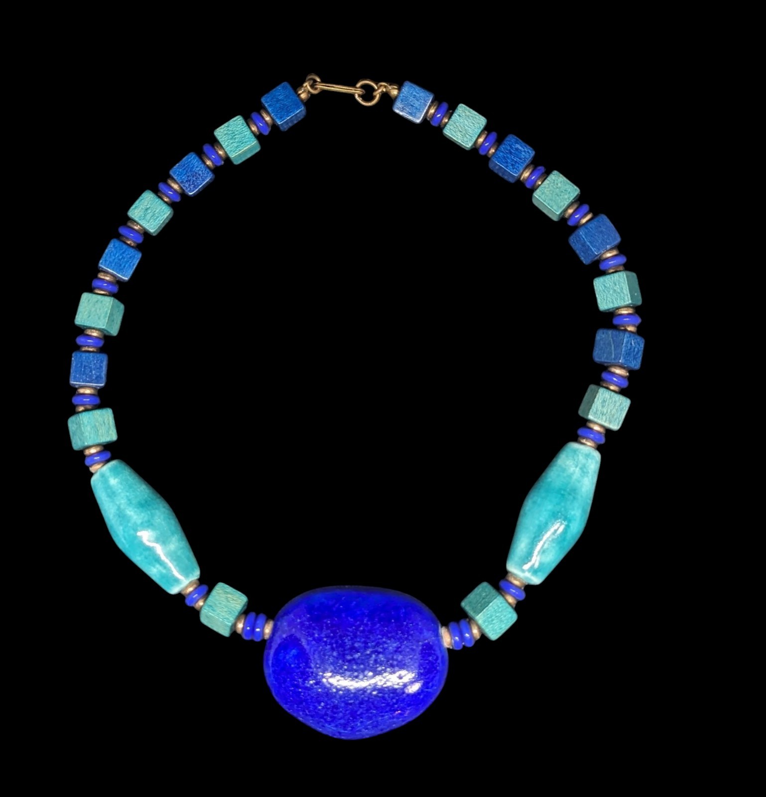Vintage Miriam Haskell Blue Green Ceramic Wood Egyptian Revival Choker Necklace