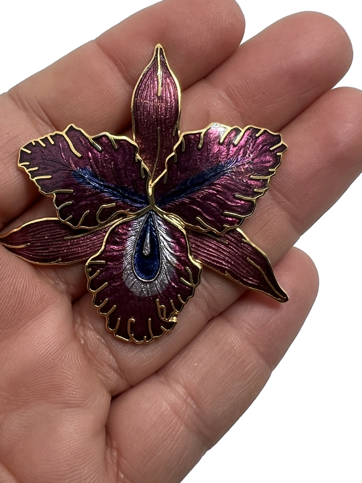 Large Gold Tone & Purple Enamel Orchid Brooch Pin STATEMENT PIECE signed M jewel
