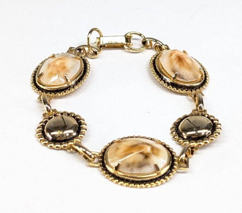 Vintage Real Seashell Shell Gold Tone Tennis Bracelet 3/4″ Wide 7″ Long