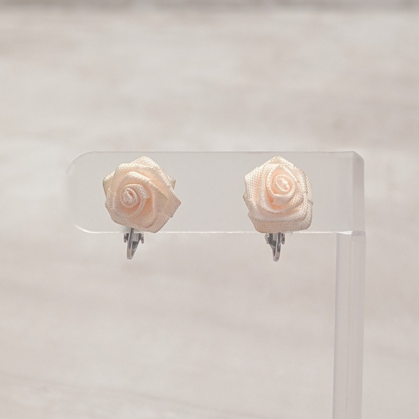Vintage Clip On Earrings Very Light Peachy Pink Fabric Rose