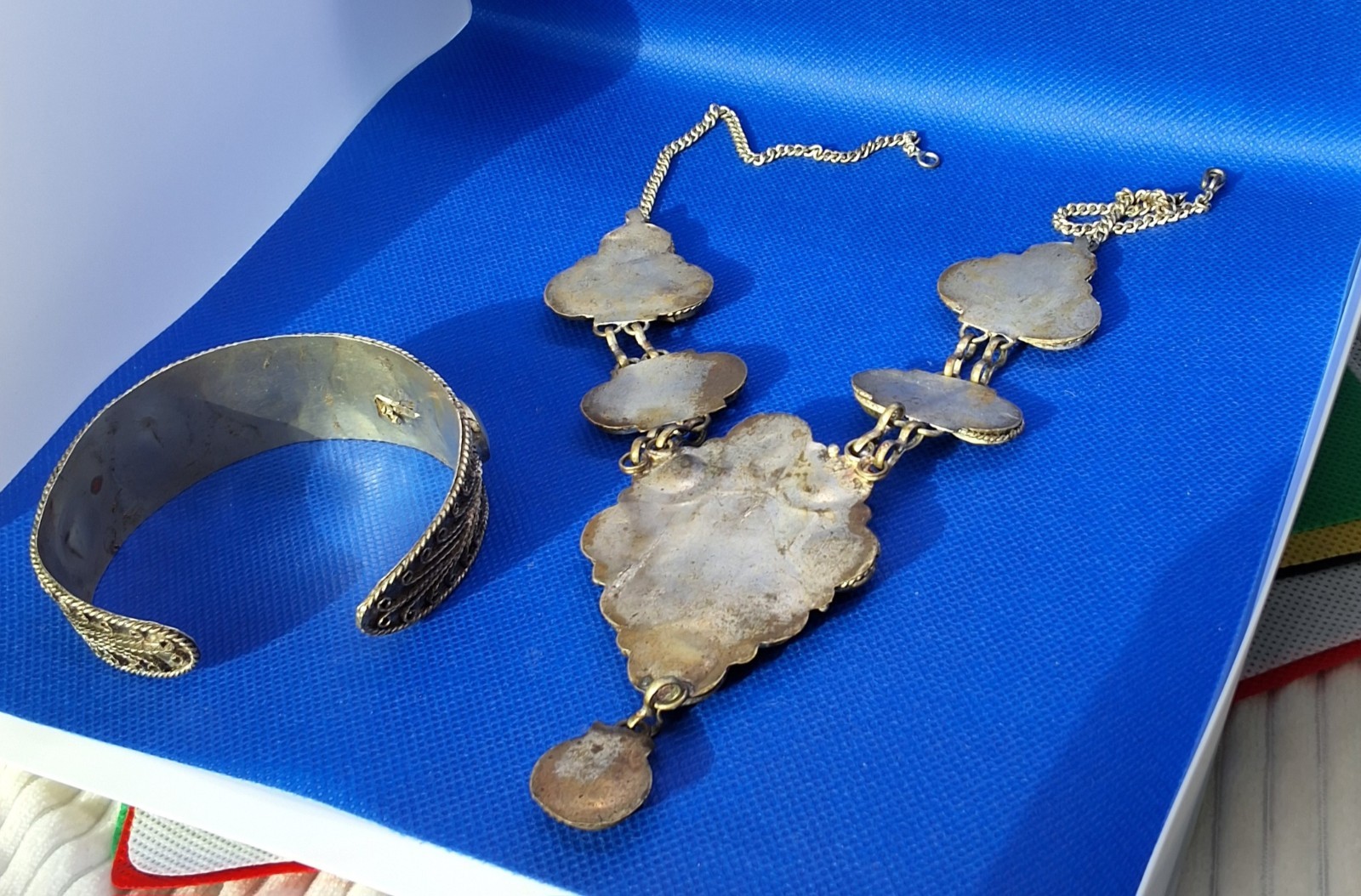 Vintage Tibetan Silver Metal Agate Glass Statement Necklace, Bracelet and Pin