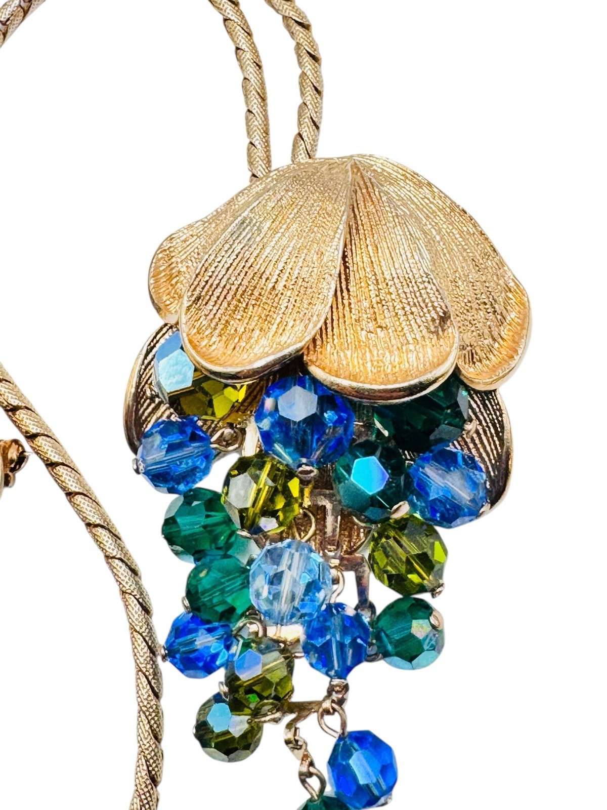 Vintage Schrager Blue Green AB Glass Dangle Bead Necklace Brooch Earrings Set