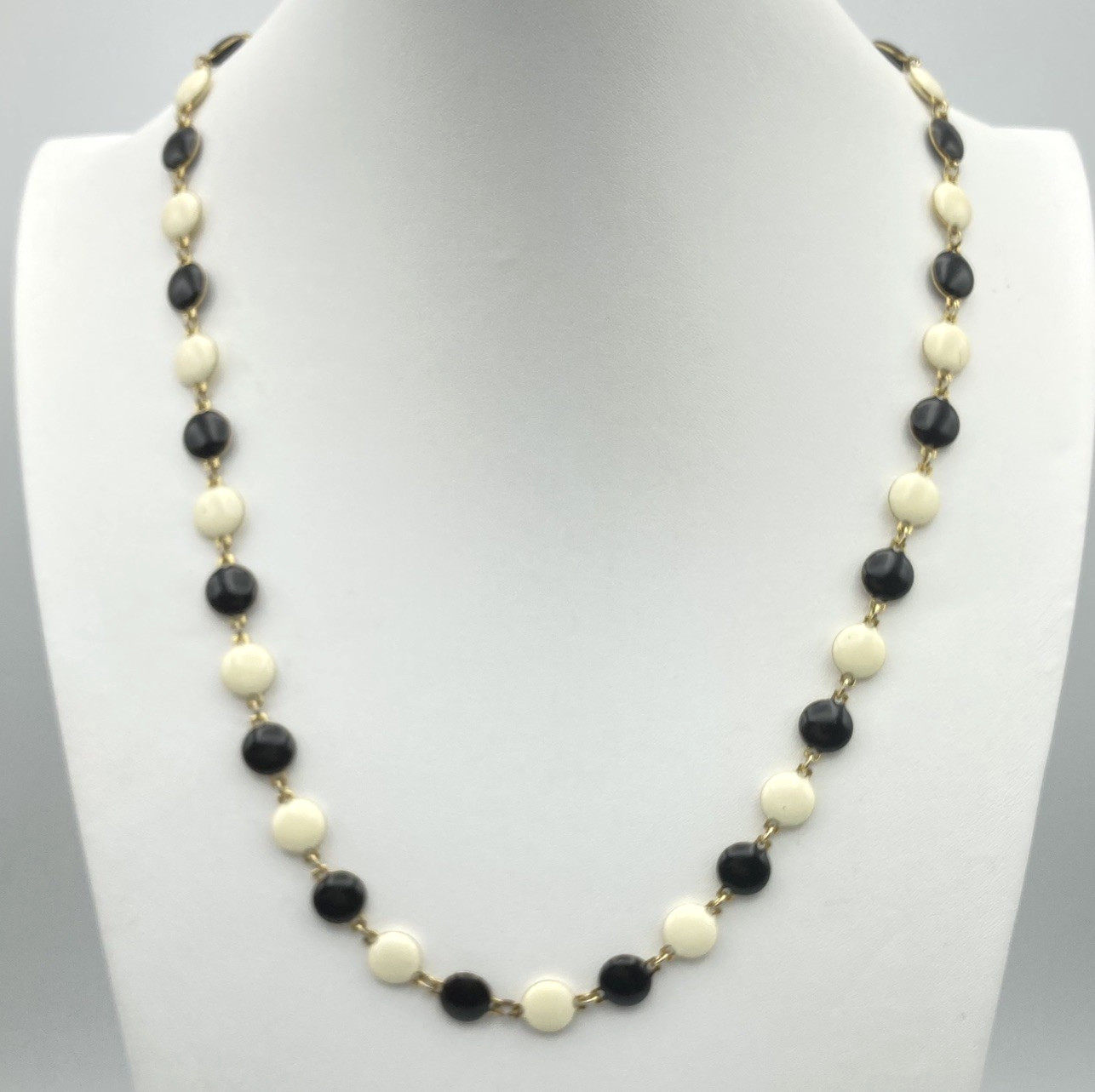 Vintage Gold Tone Black Ivory Enamel Round Disc Layering Strand Necklace 24″