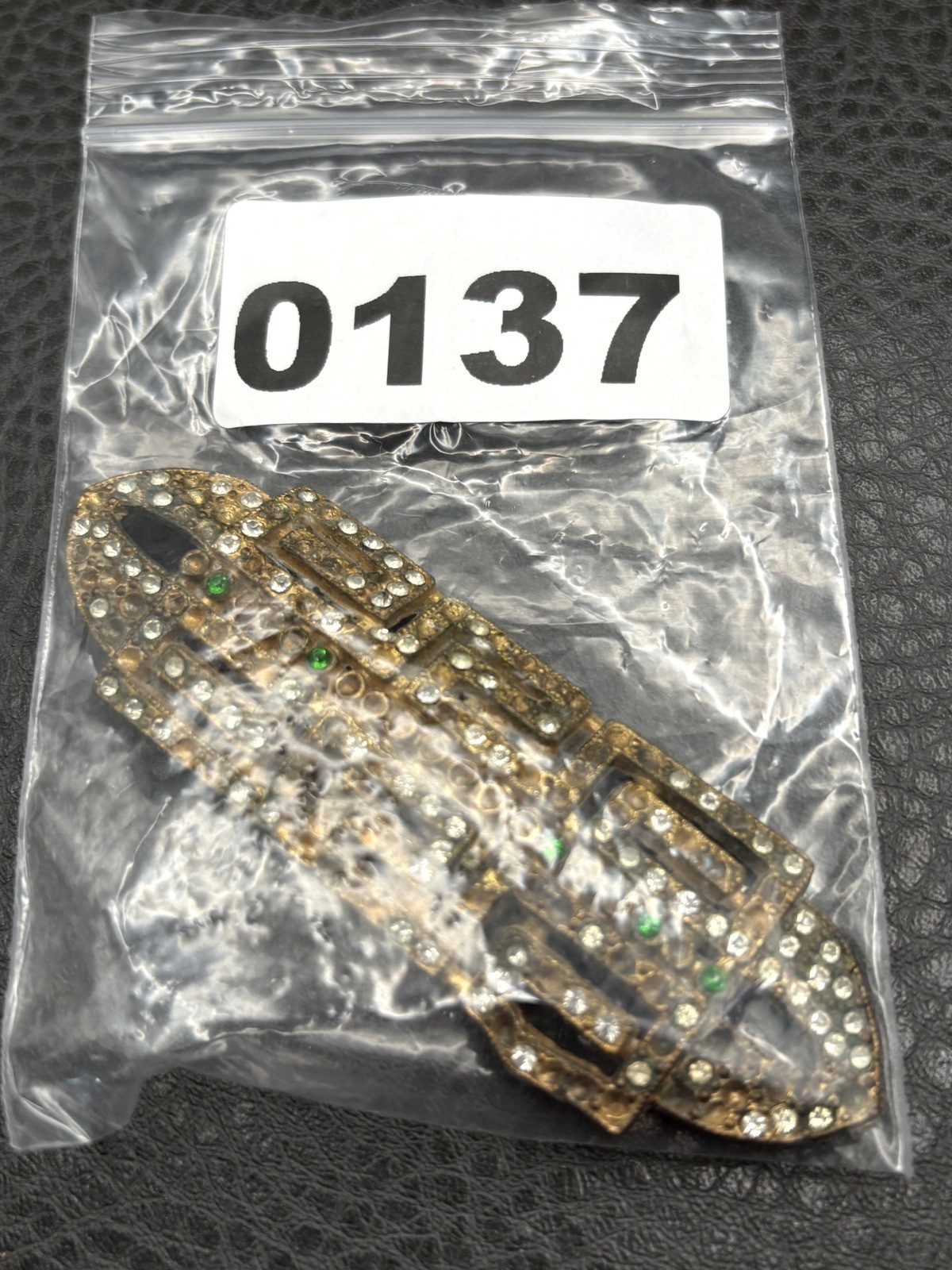 APEX Art Deco Rhinestone Gold Tone Pot Metal Dress Clip Brooch Vintage READ