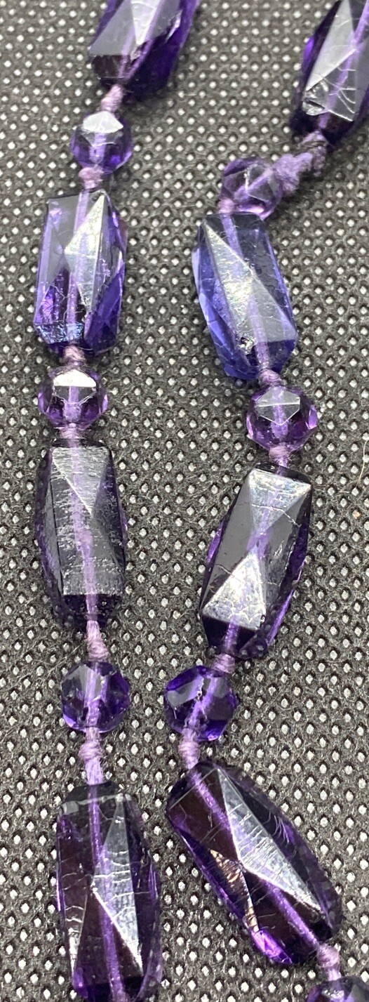 1920s Art Deco Necklace Faceted Amethyst Hand Knot Bead Opera Length 57 in