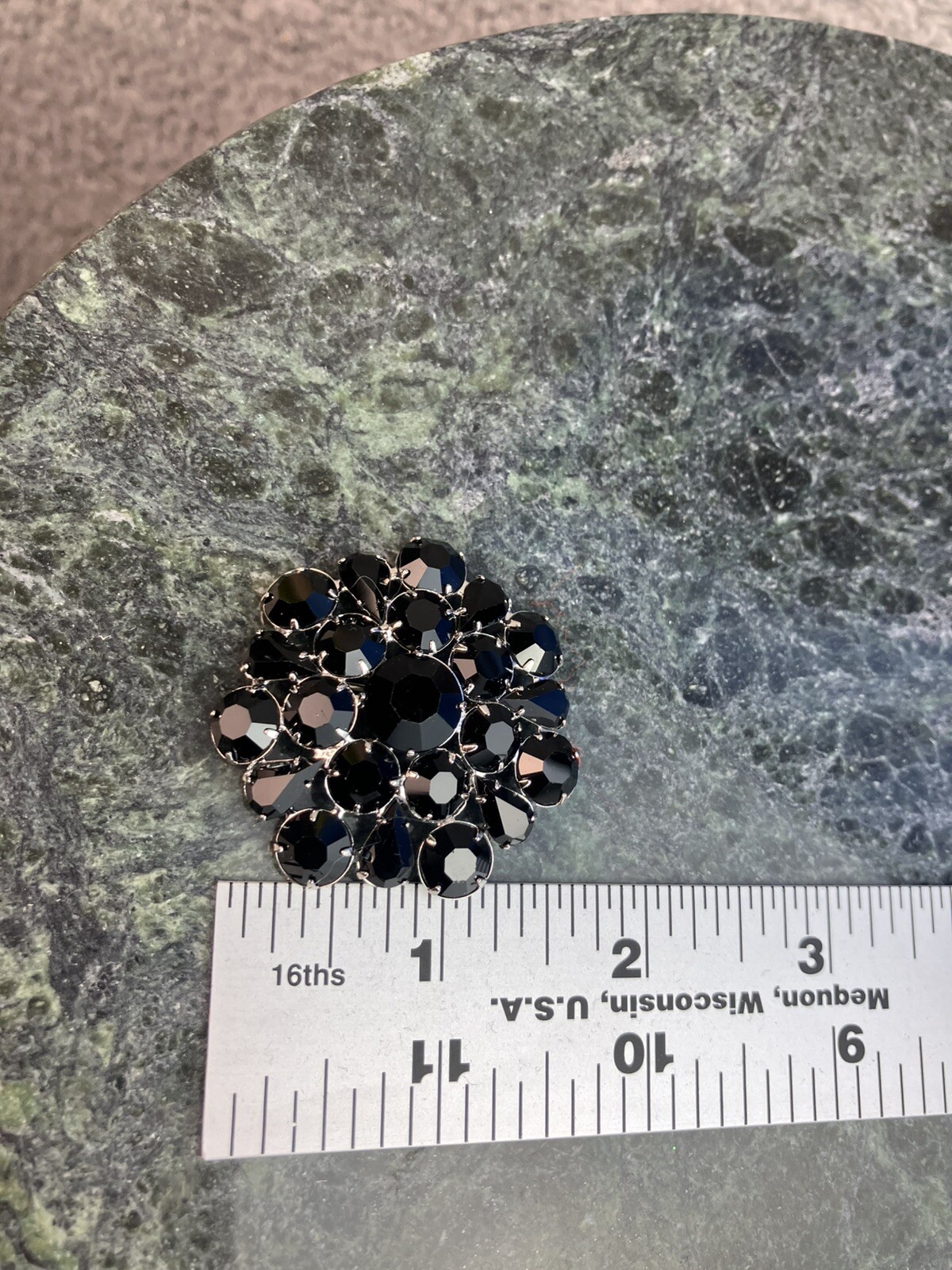 Vintage Silver Tone Open Back Brooch Pin With Black Faceted Prong Set Stones