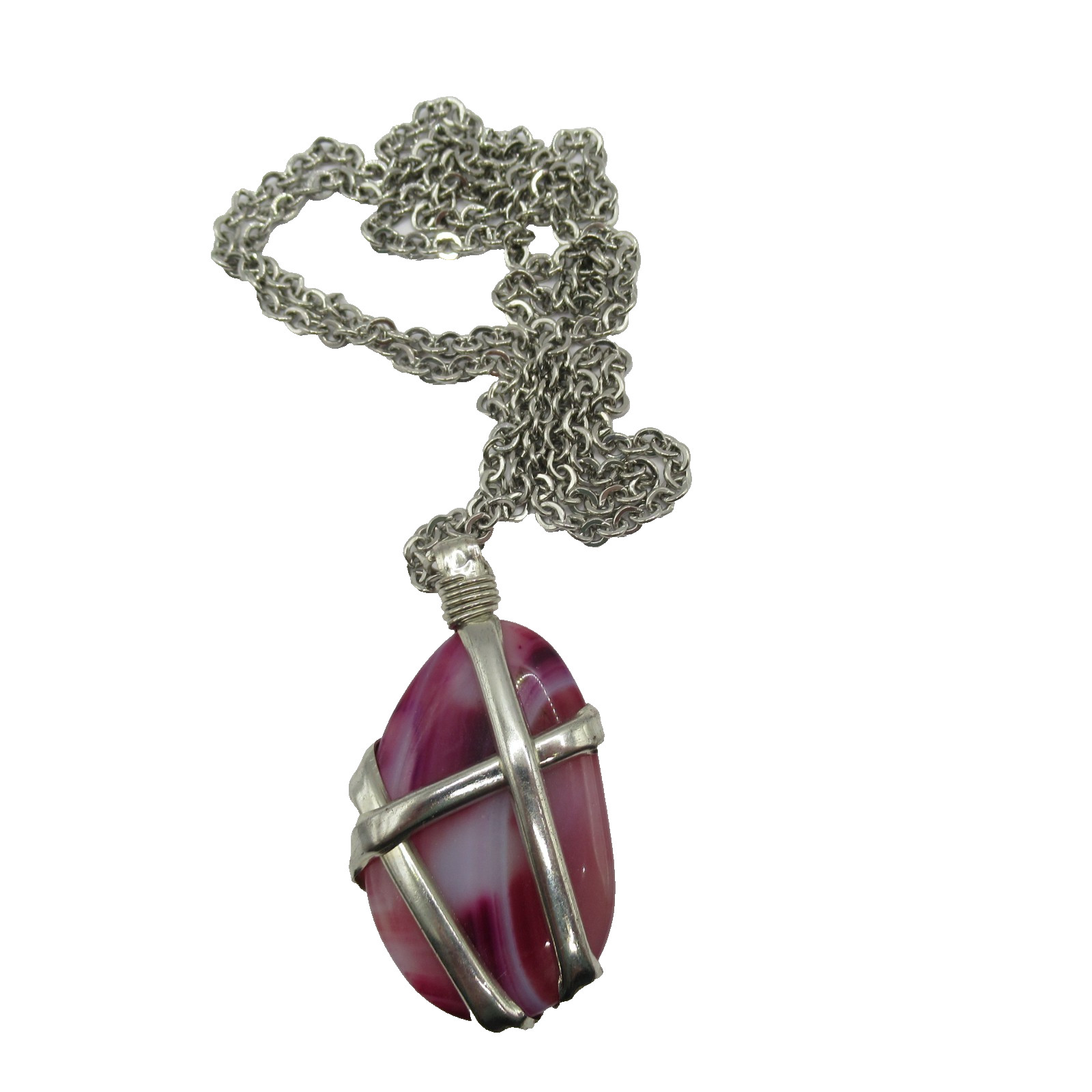 Purple Pink White Gemstone w Silver Tone Cage Style Design Vintage Necklace