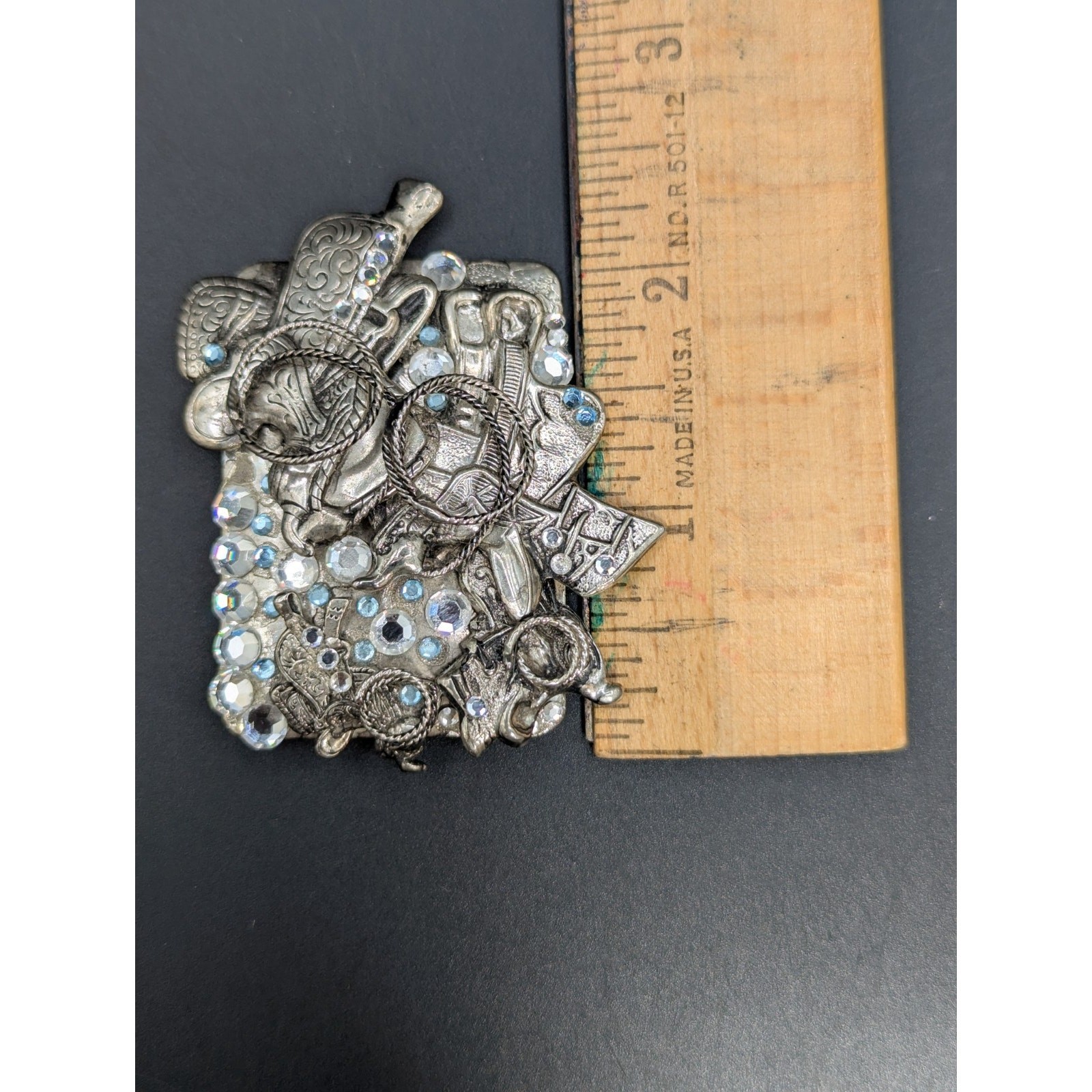 Cowgirl Western Horse Saddle Silver Tone AB Rhinestone Brooch Signed