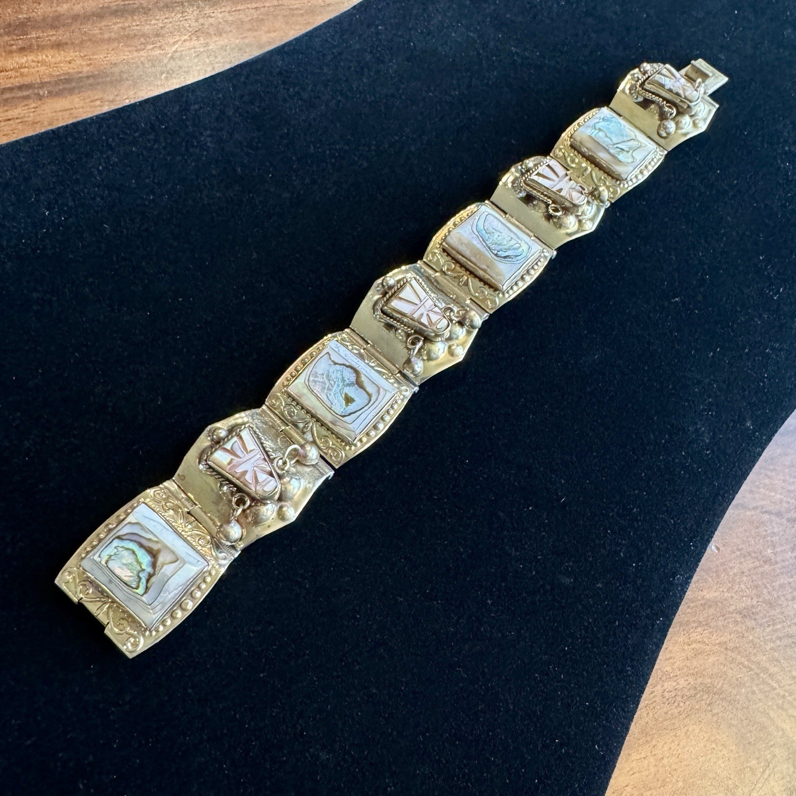 Vintage Mexico JZ Alpaca Silver Abalone Panel Bracelet Tribal Boho 7.25”