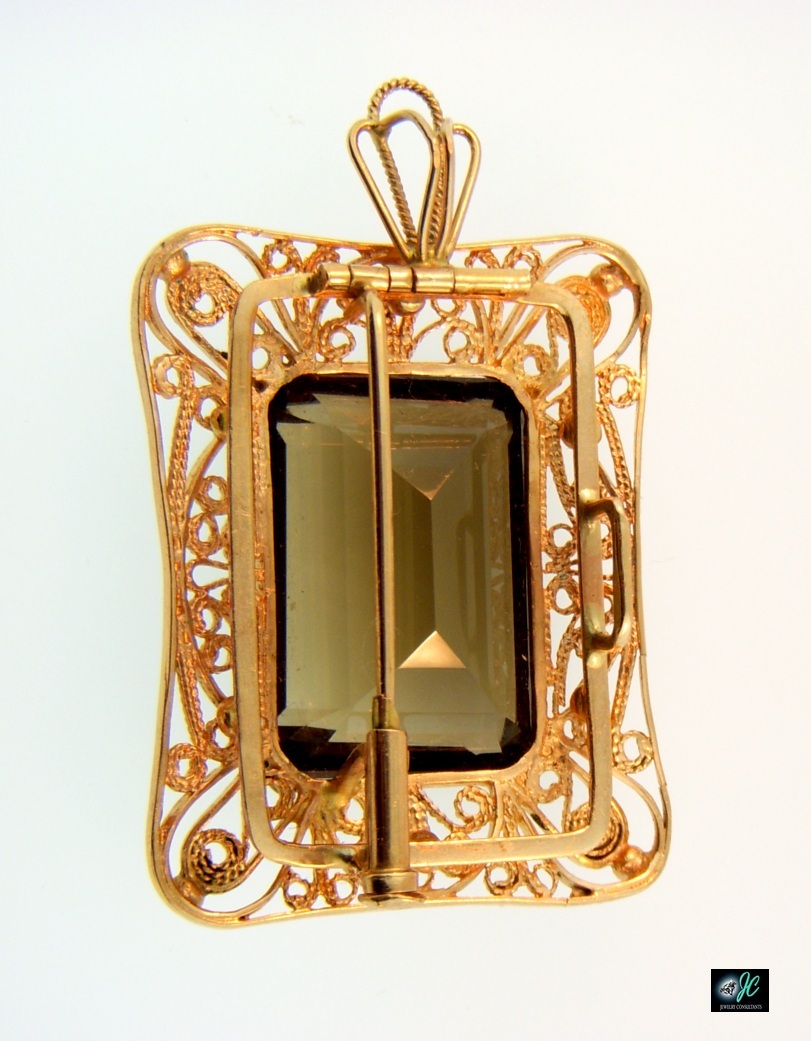 VINTAGE STUNNING RARE 14K ROSE GOLD SMOKY QUARTZ 16.8 GRAM PIN BROOCH PENDANT