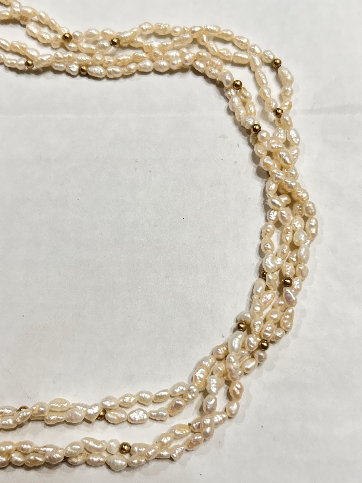 Long 56” Opera Length Necklace Rice Pearls & Gold Plated Beads, 2 Strand Twisted