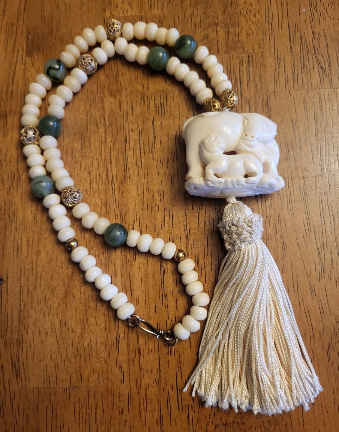 Vintage Ox & Calf Celluloid Netsuke Bead Tassel Necklace 22 Inches 5.5 Inch Drop