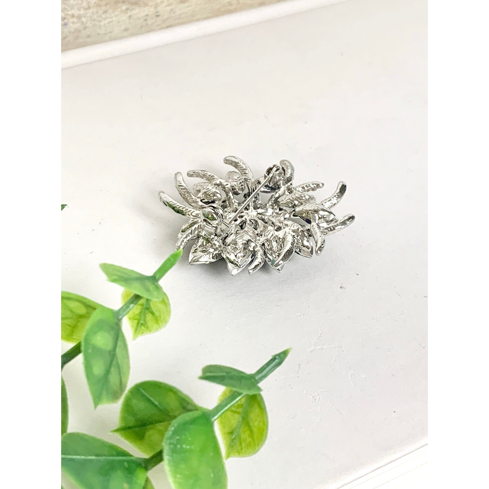 Vintage Blue Violet Rhinestone Flower Brooch Silver Statement Pin Mid Century