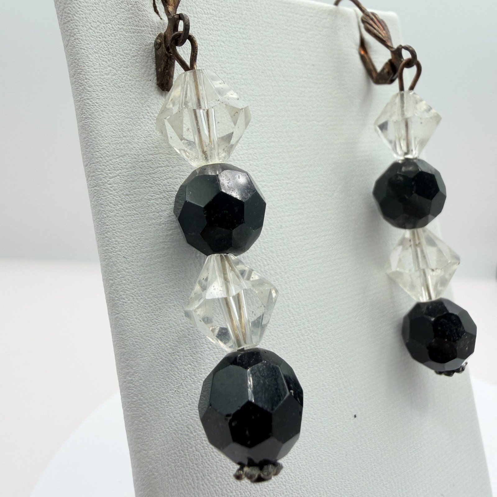 Vintage Black Clear Crystal Bead Necklace Bracelet Dangle Earrings Matching Set