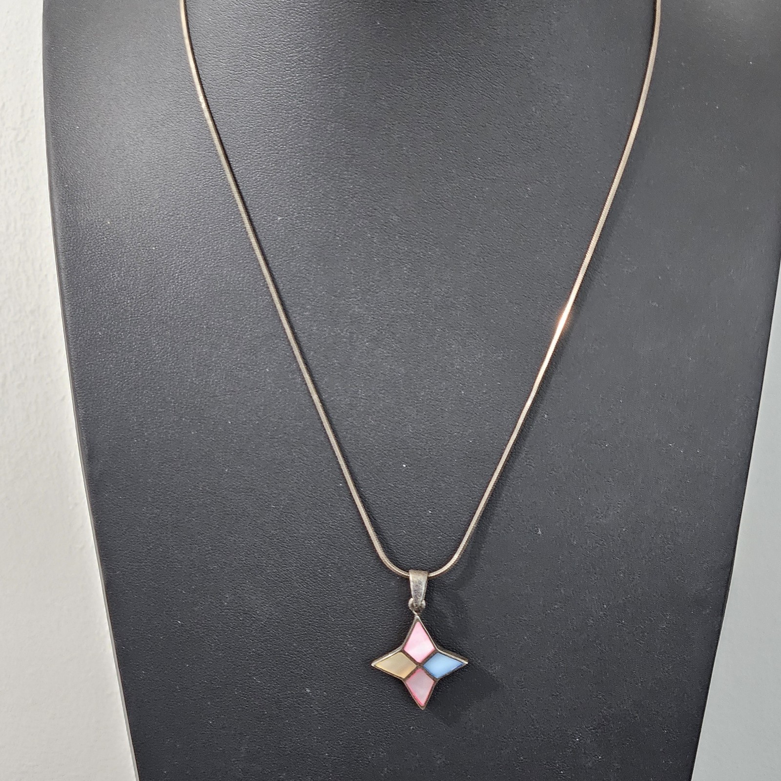 Vintage Sterling Silver Multi-Color Mother of Pearl Pendant Pastel Mosaic 19″