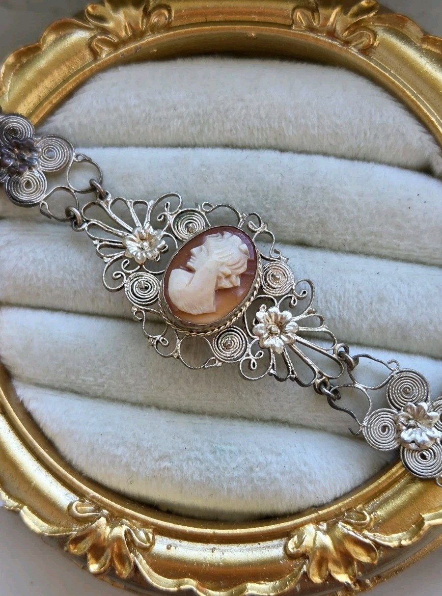 Vintage Art Deco Cannetille Filigree Cameo & Topaz Bracelet 7″