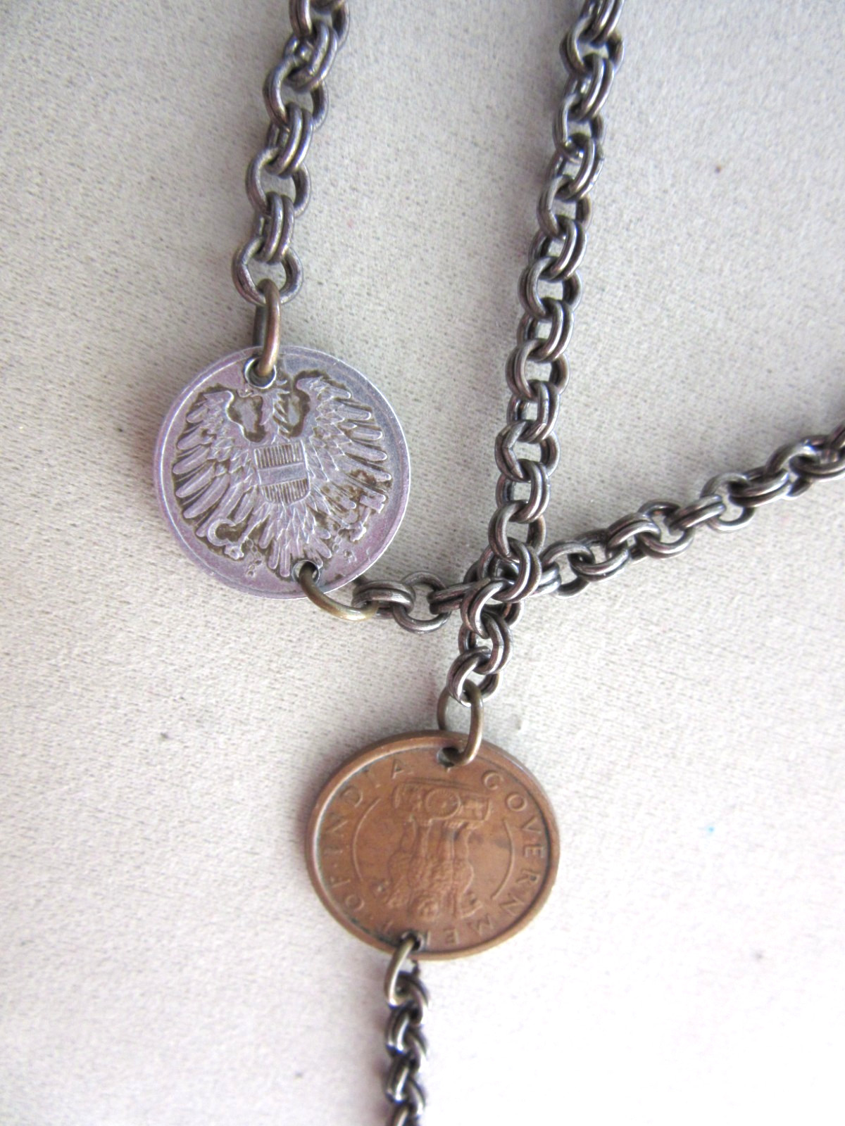 Vintage Travel 1950s Coins stations 54″ long chain necklace with 11 coins