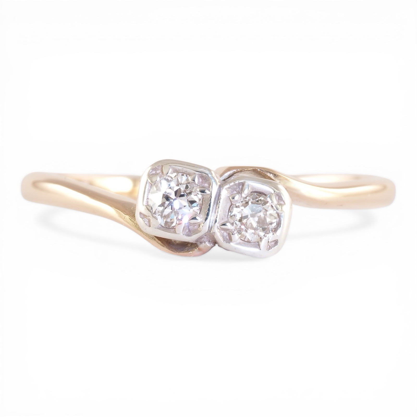 TWO SOULS 1920 Art Deco 18K Yellow Gold Old European Cut Diamond Toi Et Moi Ring