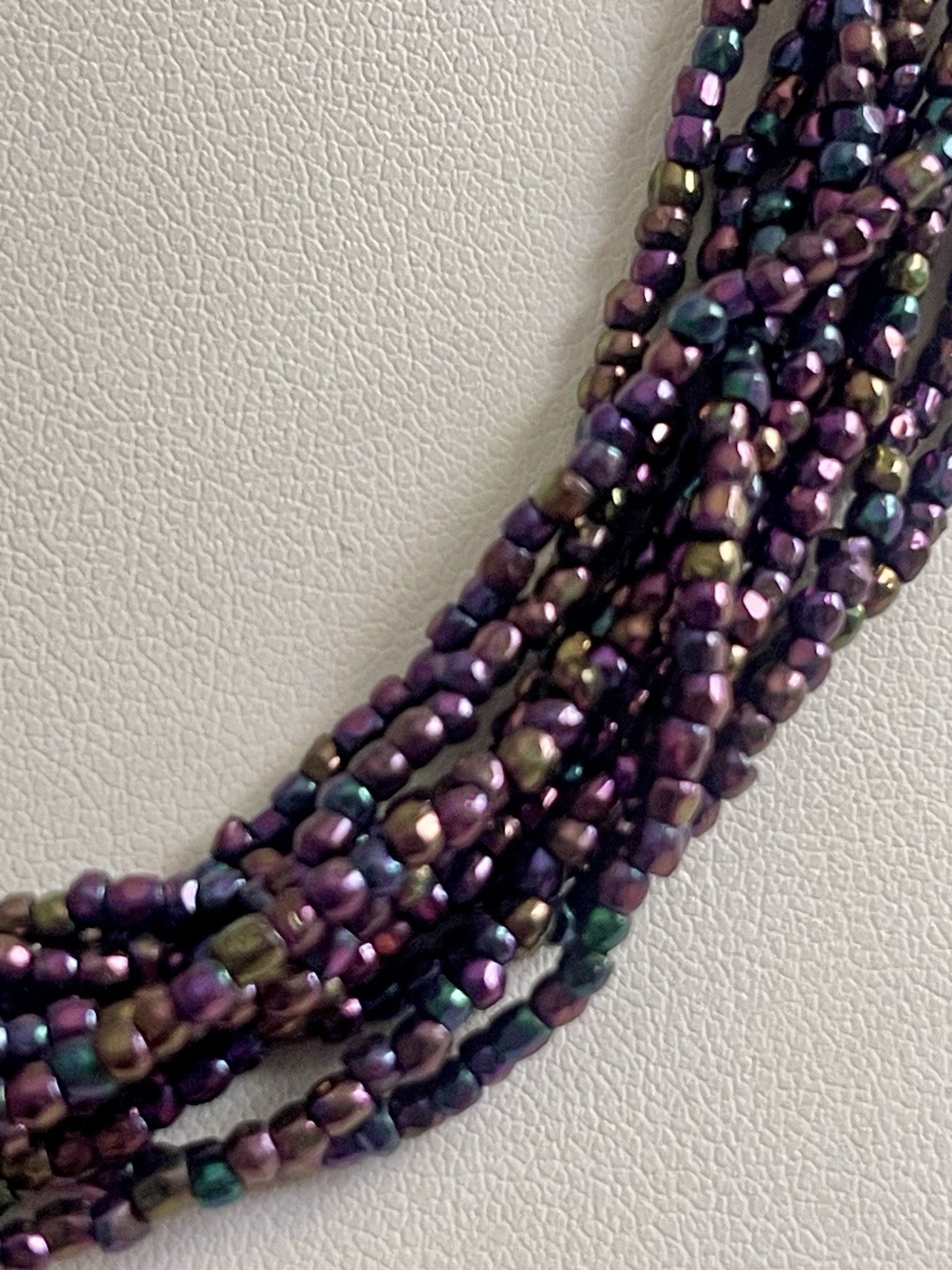 Vintage Multi-Strand Purple Peacock Seed Bead Choker Necklace Matching Earrings