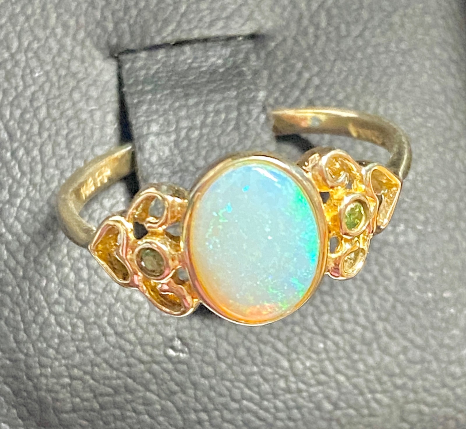 Vintage 14k Yellow Gold Heart Design Opal and Green Diamond Ring Size 7 to 7.25
