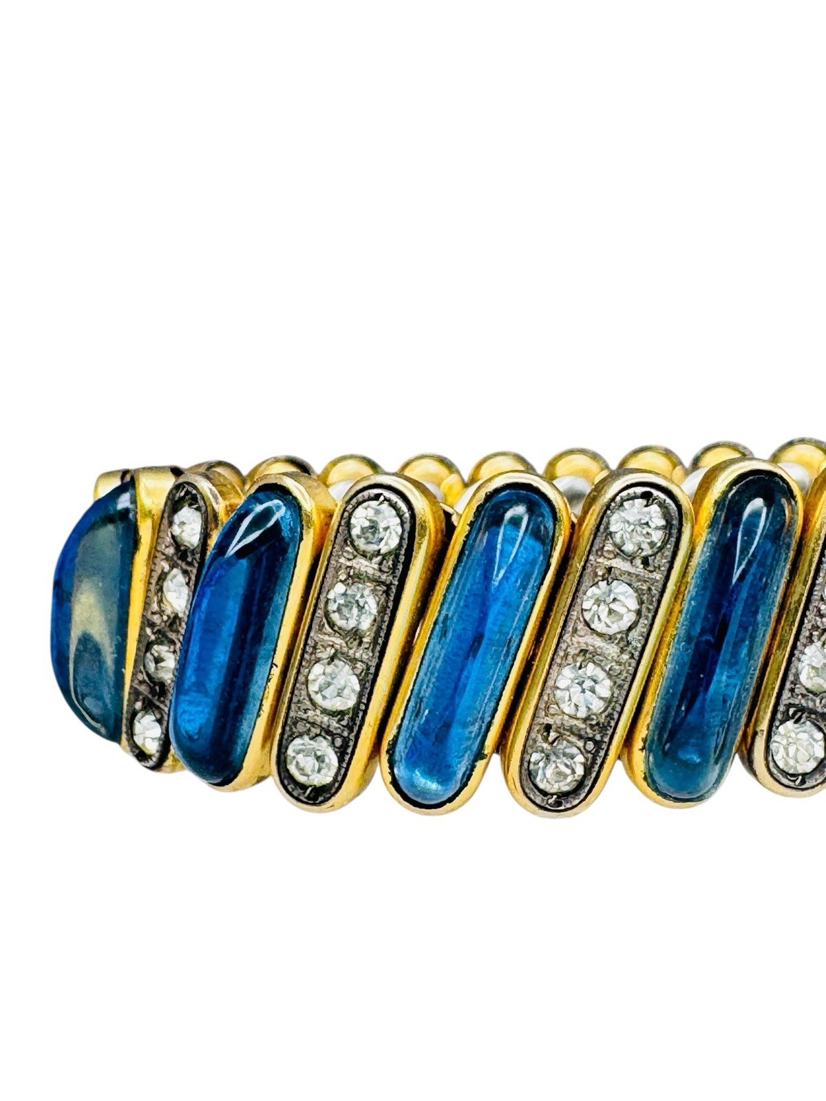 Vintage Blue Glass Cabochon Expansion Bracelet Rhinestones Nice DFB Co