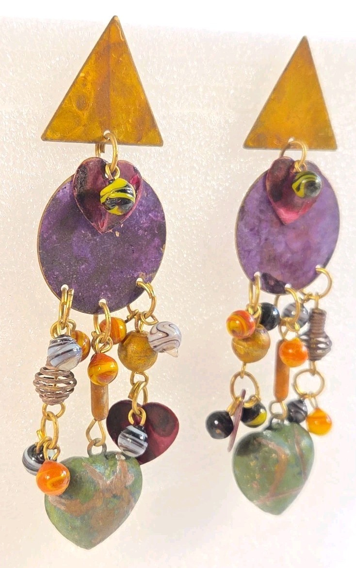 Vintage Boho Rustic Dangle Drop Post Earrings Mixed Metal Geometric Design – 4in