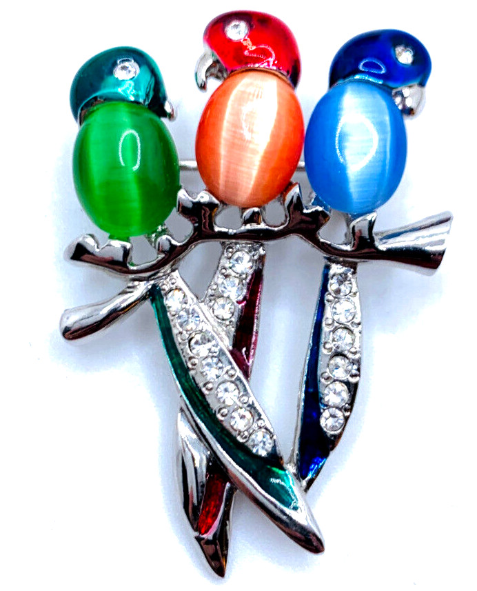 Unsigned Vintage Gold Tone 3 Jelly Belly Parrots/Birds Green Red Blue Brooch Pin