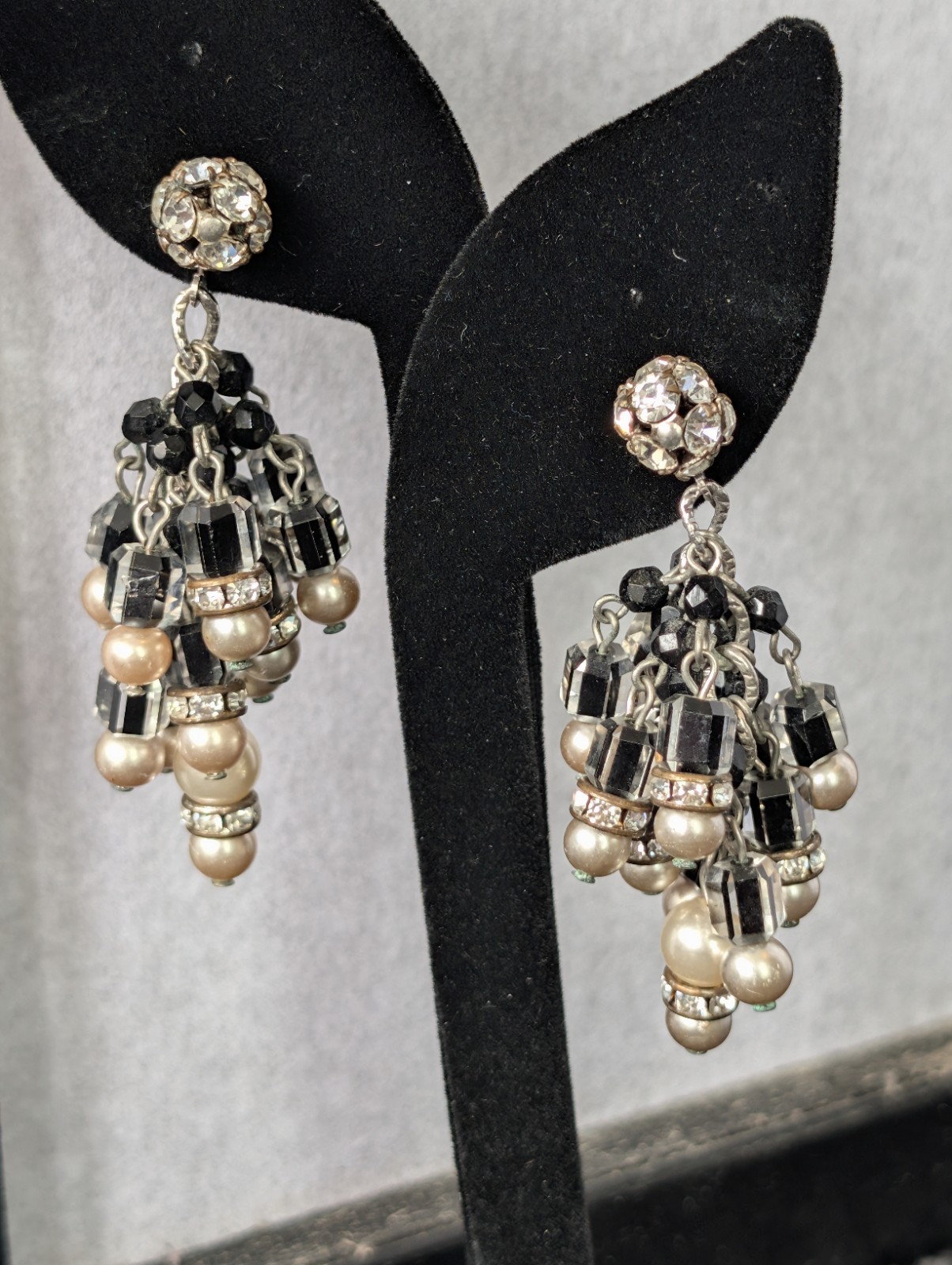 Vintage Vendome? Black & Clear Givre Glass Czech Beads Chandelier Clip Earrings