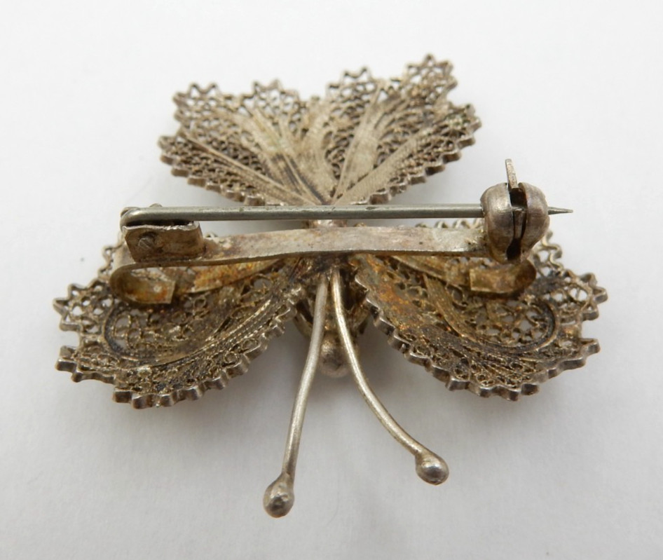 VINTAGE SOLID SILVER FINE CANNETILLE FILIGREE BUTTERFLY BROOCH PIN, 5.3 GRAMS