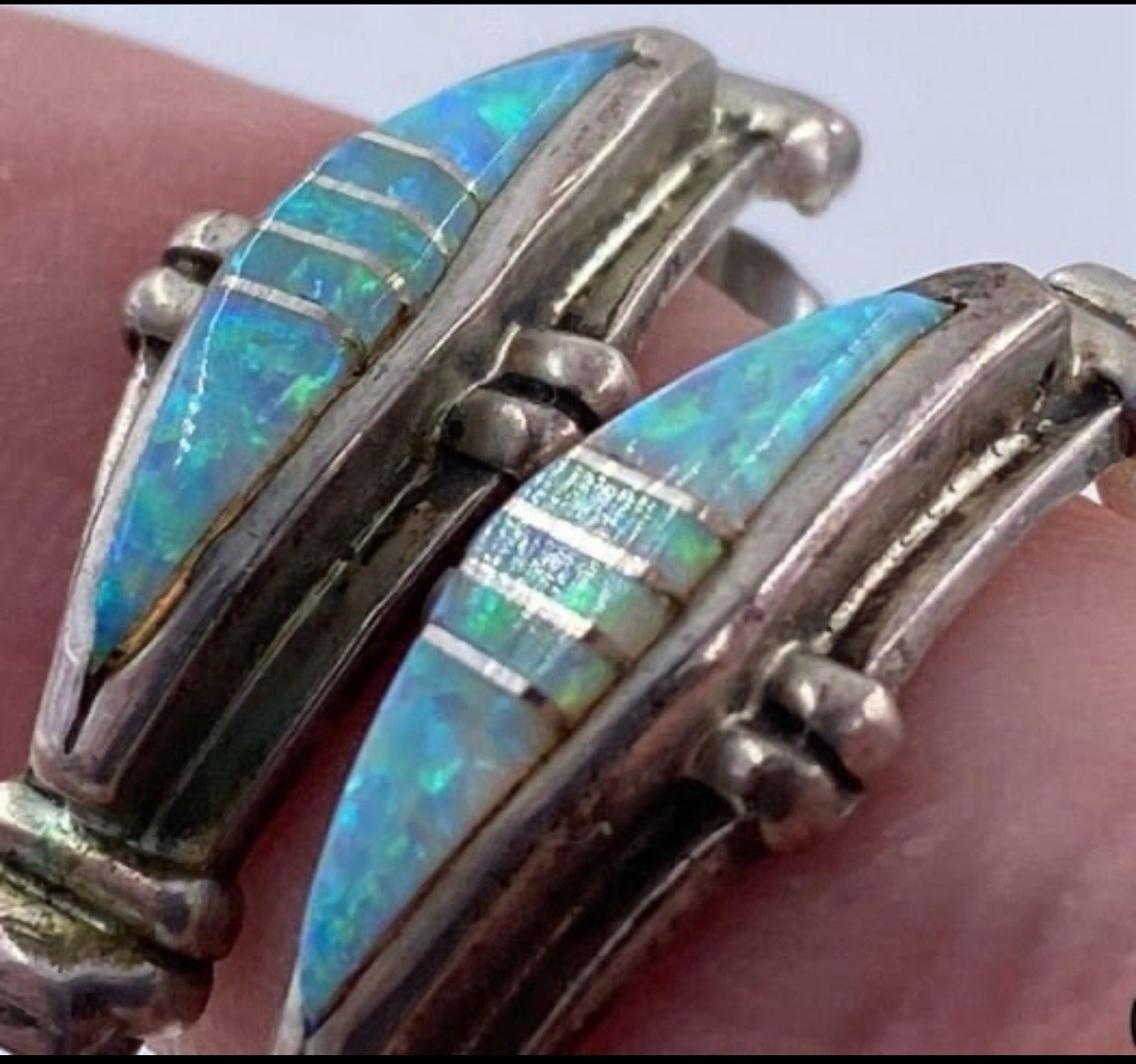 VTG Estate SIGNED E.K. STERLING SILVER 925 OPAL Tear Drop Stud MOSAIC EARRINGS