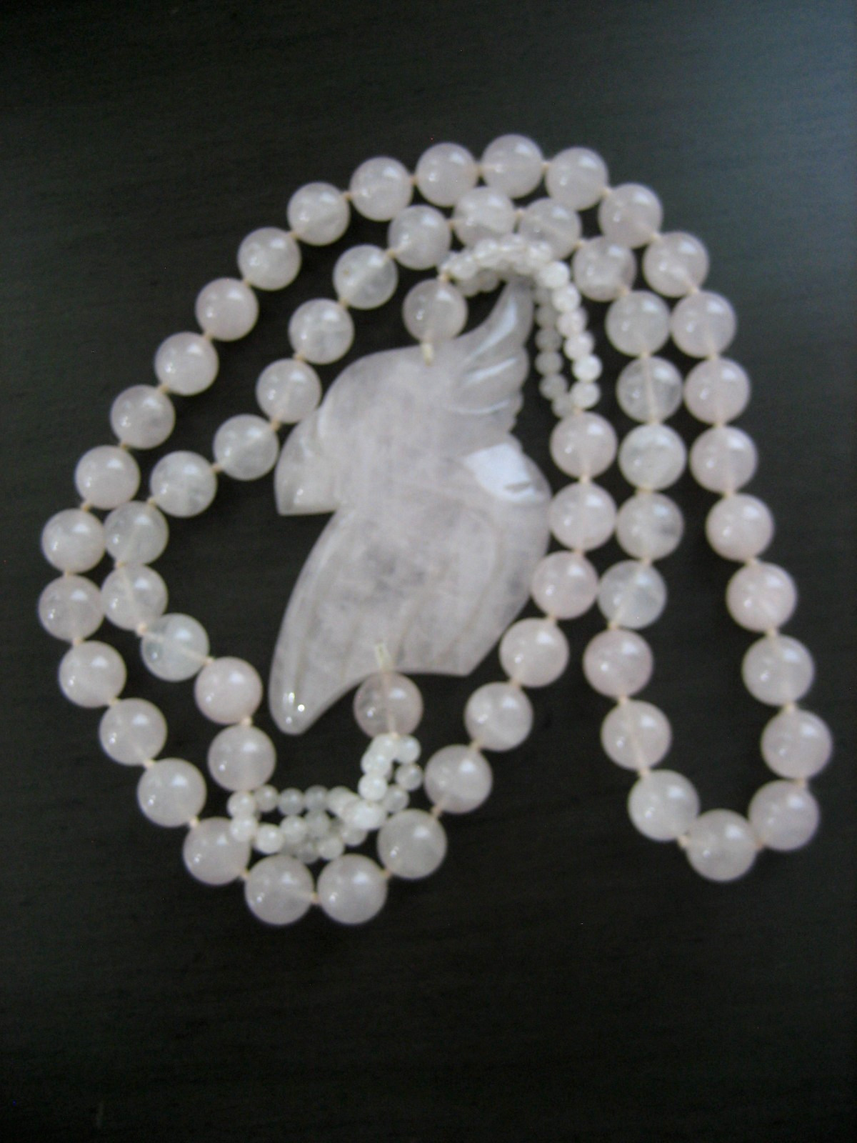 Vintage Rose Pink Quartz Parrot Hand Knotted Bead Pendant Necklace