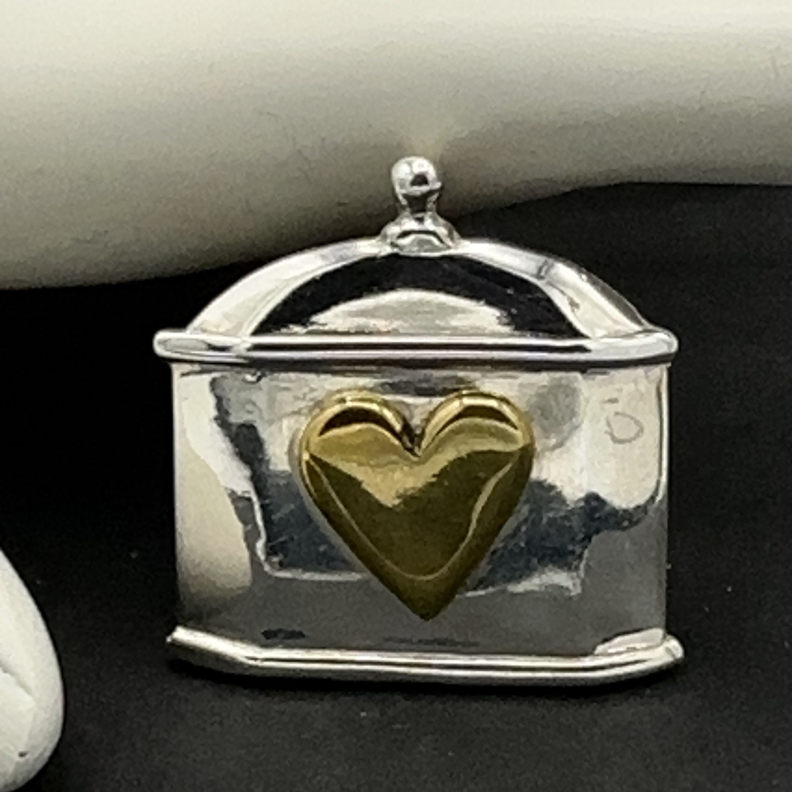 CW heart box pendant brooch – sterling silver & brass Colonial Williamsburg pin