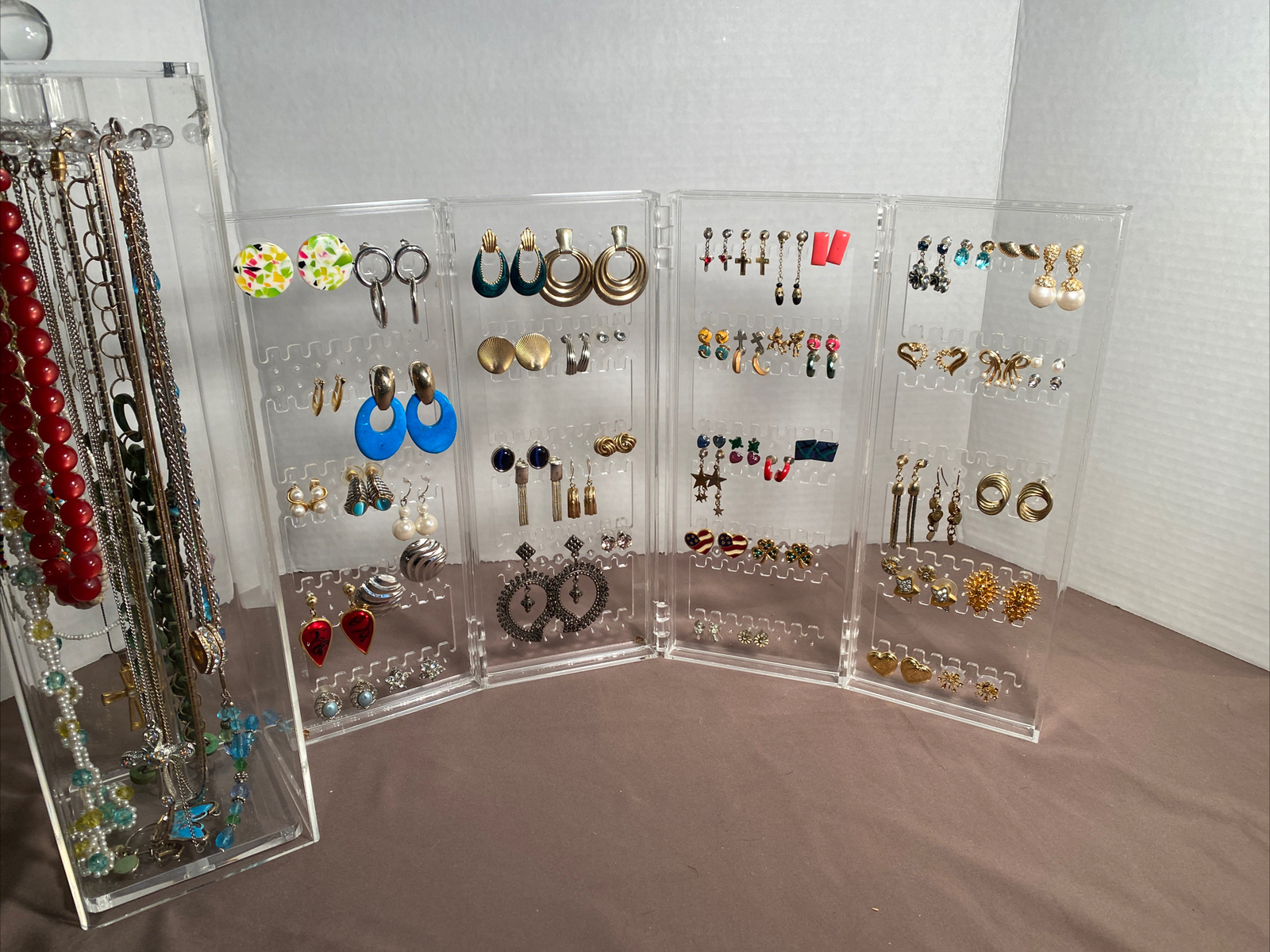 Vintage Lot 60 Pairs Earrings, 15 Necklaces & Acrylic Displays Monet, Avon