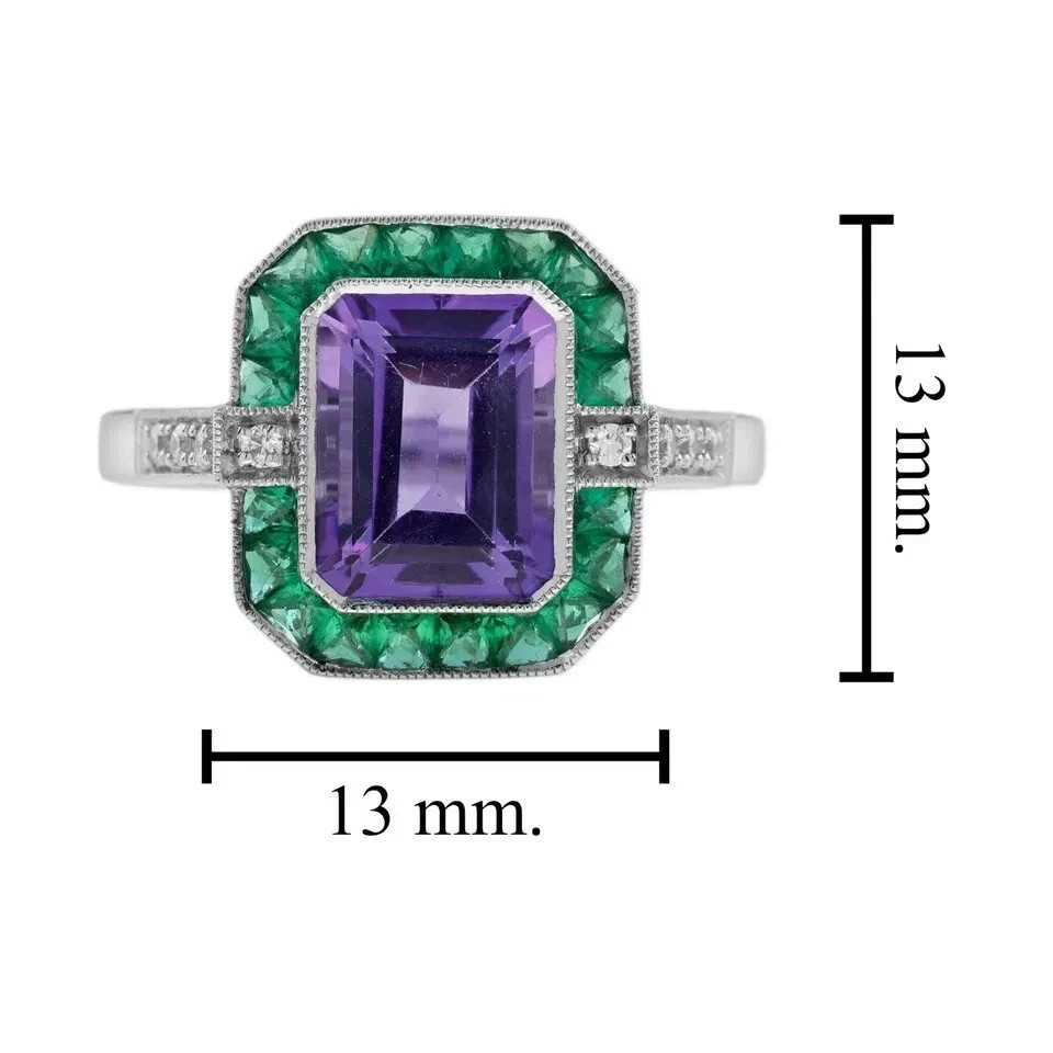 4Ct Art Deco Style Emerald & Amethyst Lab Created Diamond 14K White Gold FN Ring