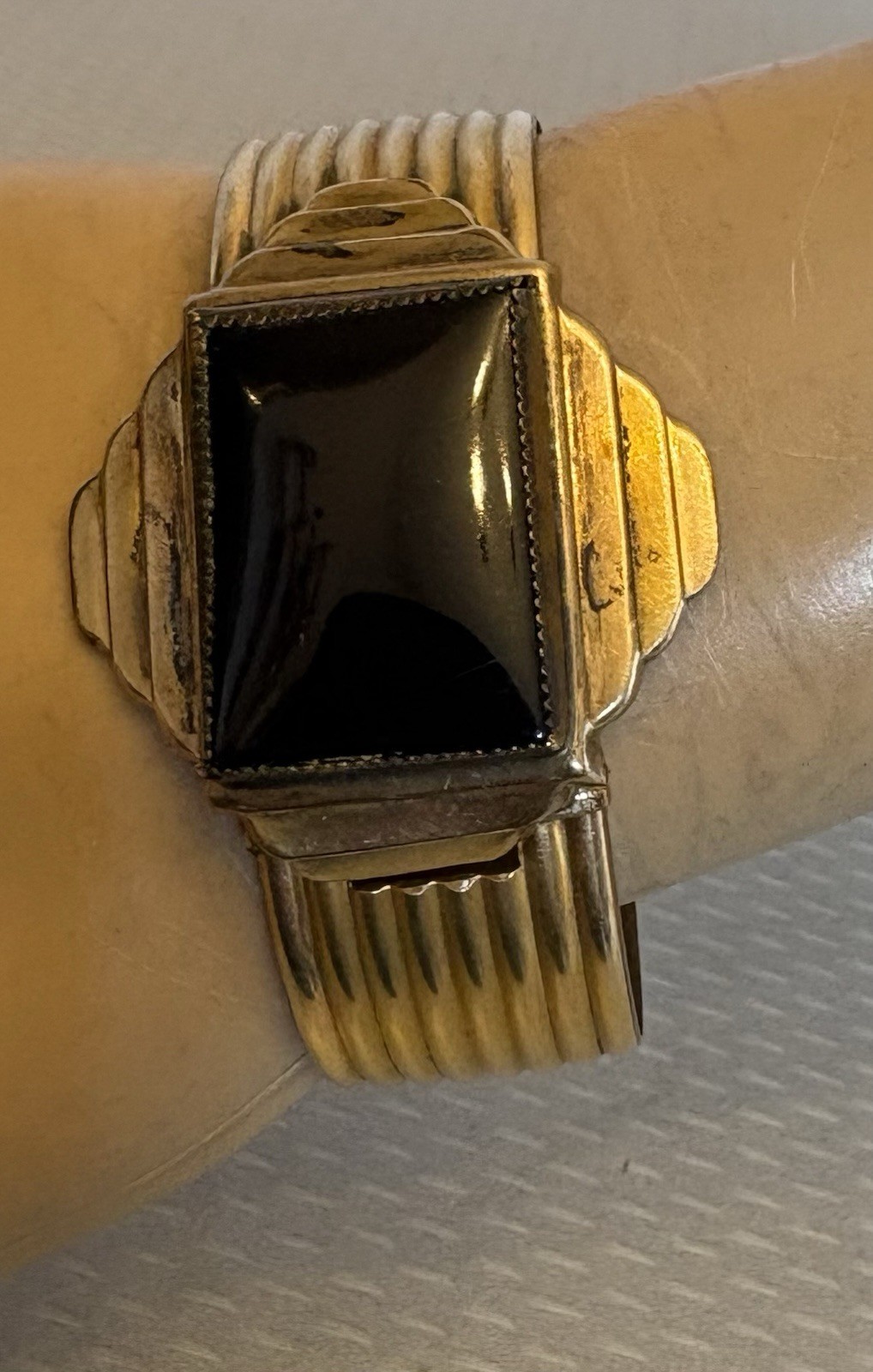 Art Deco Signed MARSH Gold Plate Bangle Snap Open Hidden Secret Locket Bracelet