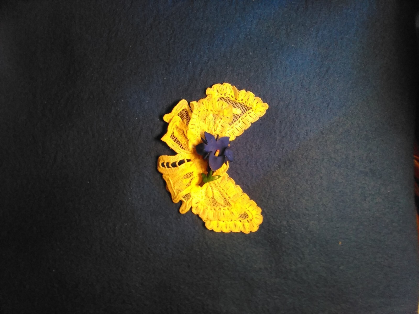 Vintage Violet Blue Floral Brooch Pin On Butterfly Shaped Delicate White Lace