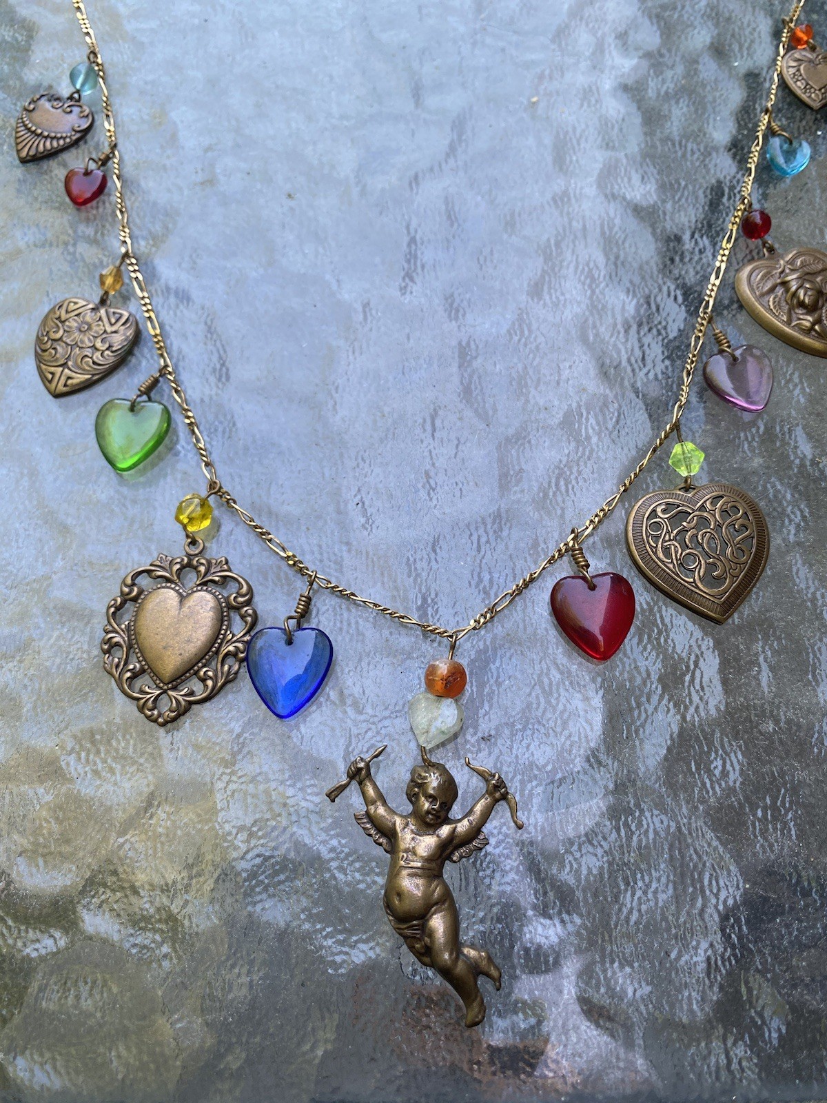 Vintage Glass Works Studio Charm Necklace GWS Cupid Heart Angel Costume Jewelry